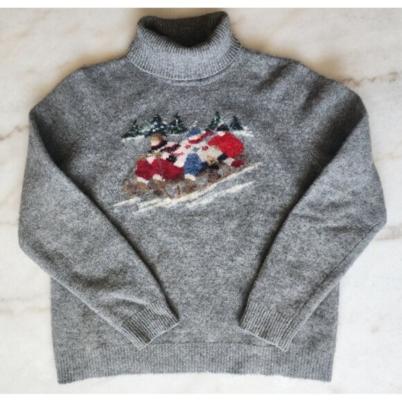 Vintage Womens Rare Lauren Ralph Lauren Lambswool Grey Med P Sled Scene Sweater - Picture 2 of 16